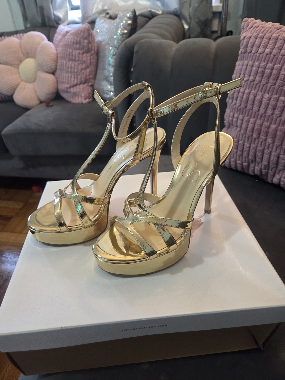 Jessica Simpson Gold Metallic T-Strap Platform Heels